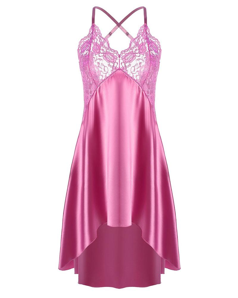 

Satin Backless Lace Dip Hem Sleepshirt, Hot pink