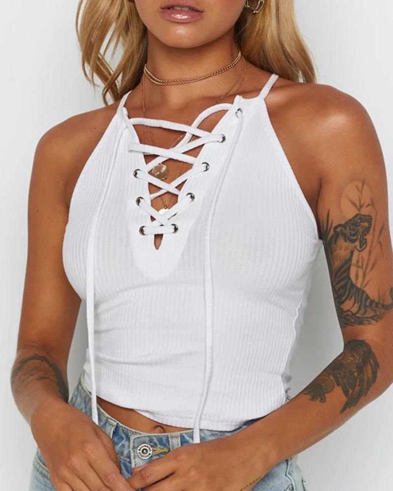 

Eyelet Lace-up Crop Top, White