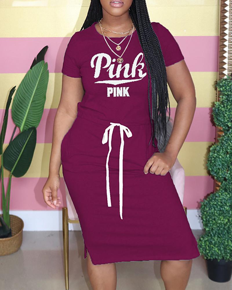 

Letter Print Round Neck Casual Dress, Purple