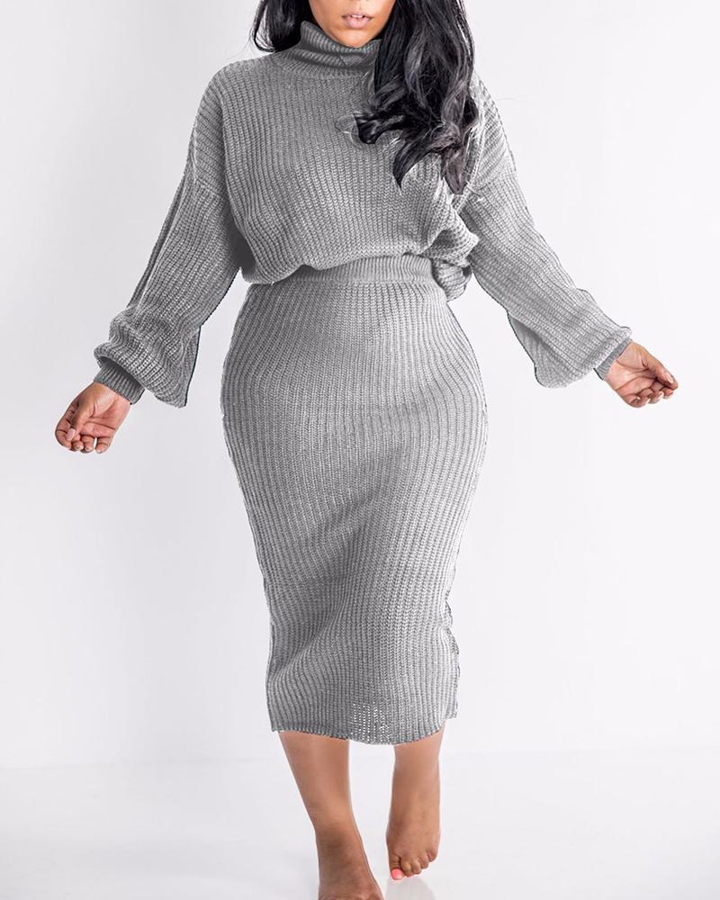 

Lantern Sleeve High Neck Sweater & Skirt Set, Gray