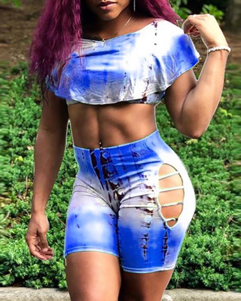 

Tie Dye Print Ruffles Top & Hollow Out Short Sets, Dark blue