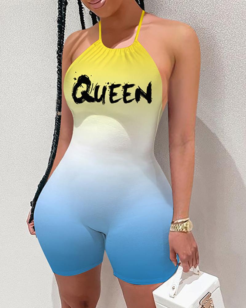

Letter Print Halter Gradient Color Romper, Lighted blue