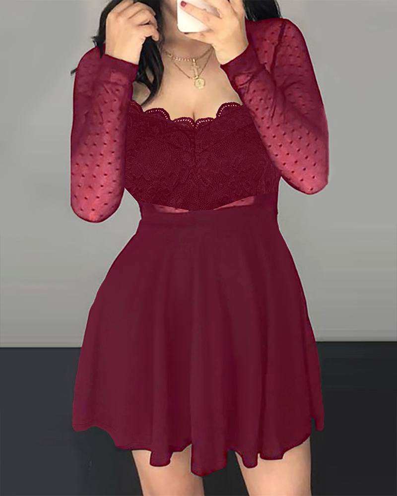 

Dot Mesh Ruffles Long Sleeve Dress, Wine red