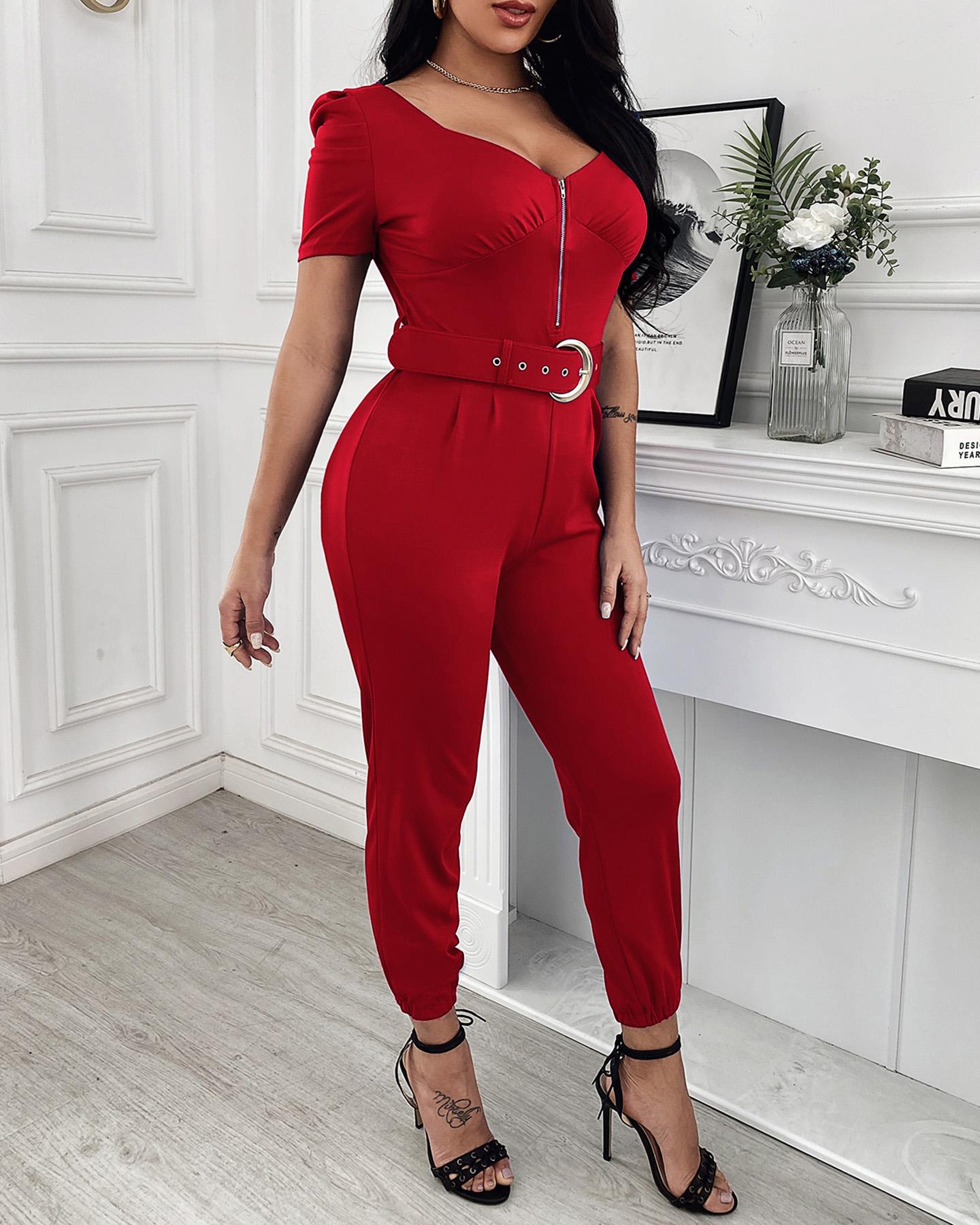 

Zip Front Puff Sleeve Jumpsuit With Belt, Red