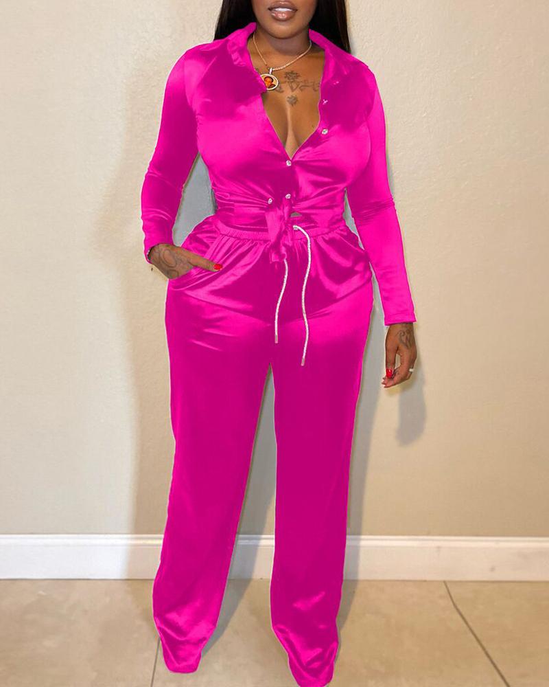 

Long Sleeve Button Down Shirt & Drawstring Pants Set, Hot pink