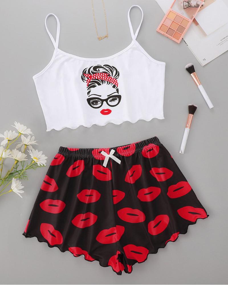 

Figure Lip Print Bow Decor Cami Set, Red