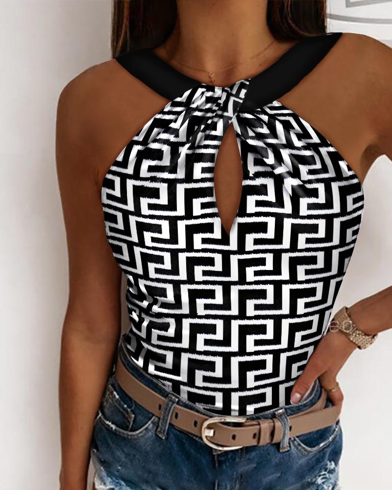 

Geometric Print Keyhole Neck Tank Top, Blackwhite