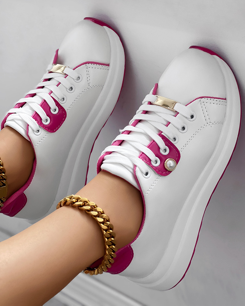 

Colorblock Eyelet Lace-up Muffin Sneakers, White&rose red