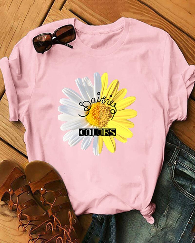 

Daisy Print Short Sleeve Loose T-shirts, Pink