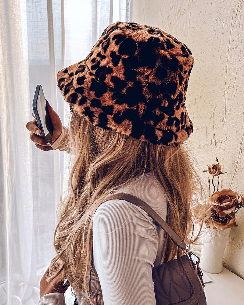 

Leopard Print Faux Fur Bucket Hat, Coffee
