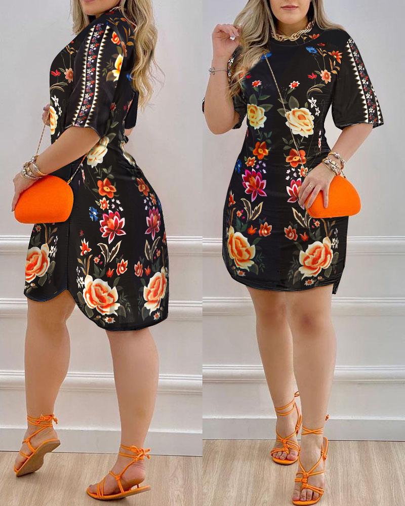 

Floral Print Round Neck Casual Dress, Black