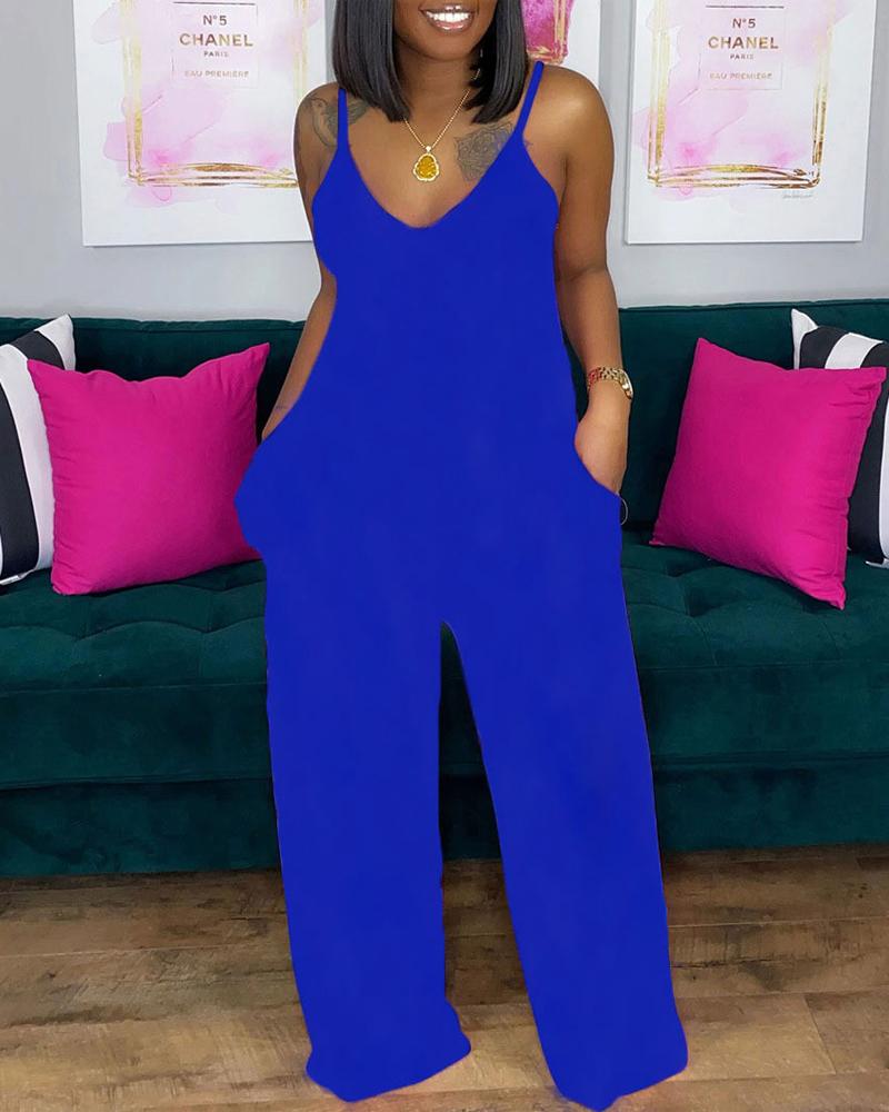 

V-Neck Pocket Detail Spaghetti Strap Jumpsuit, Blue