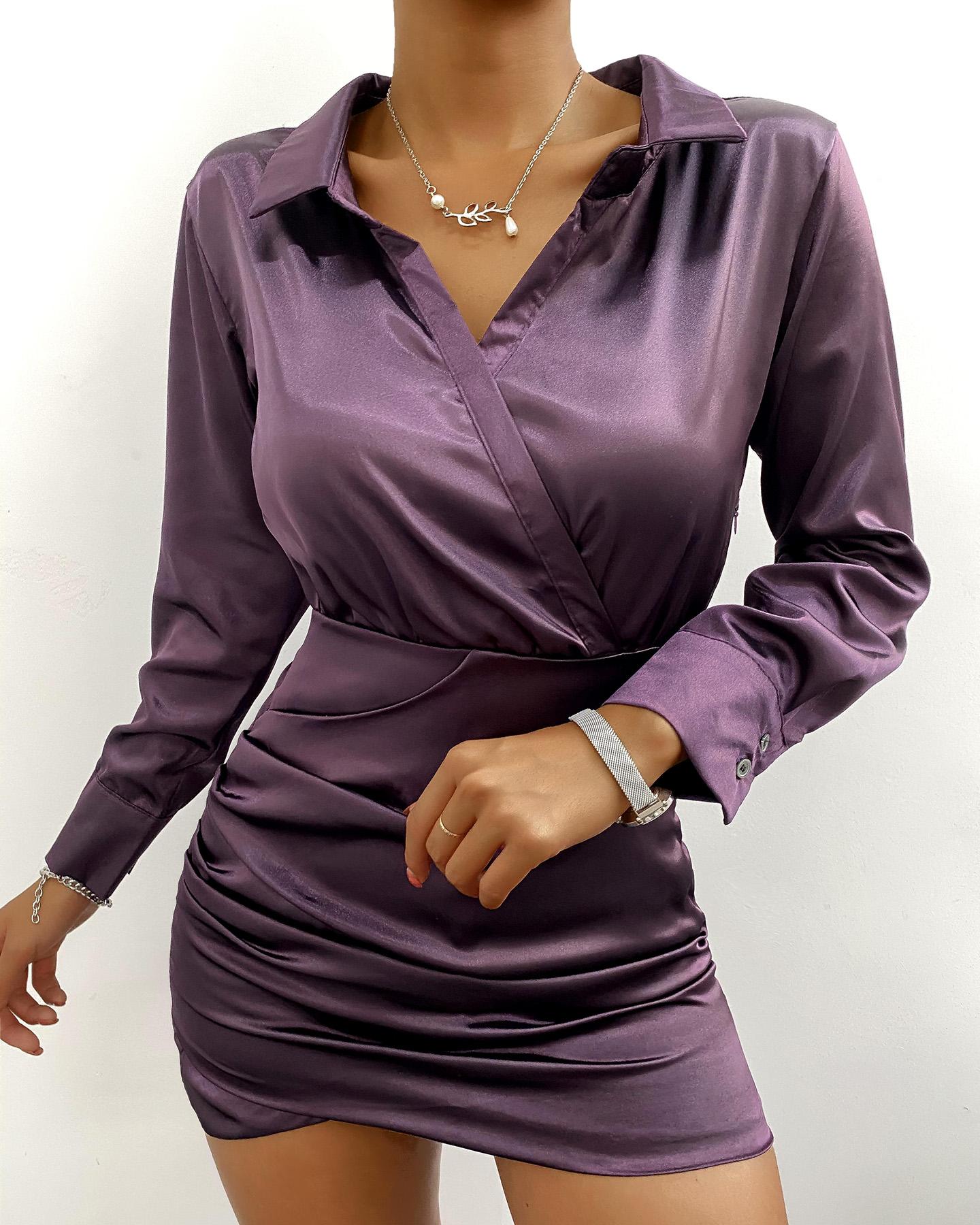

Plain Ruched Wrap Bodycon Dress, Purple