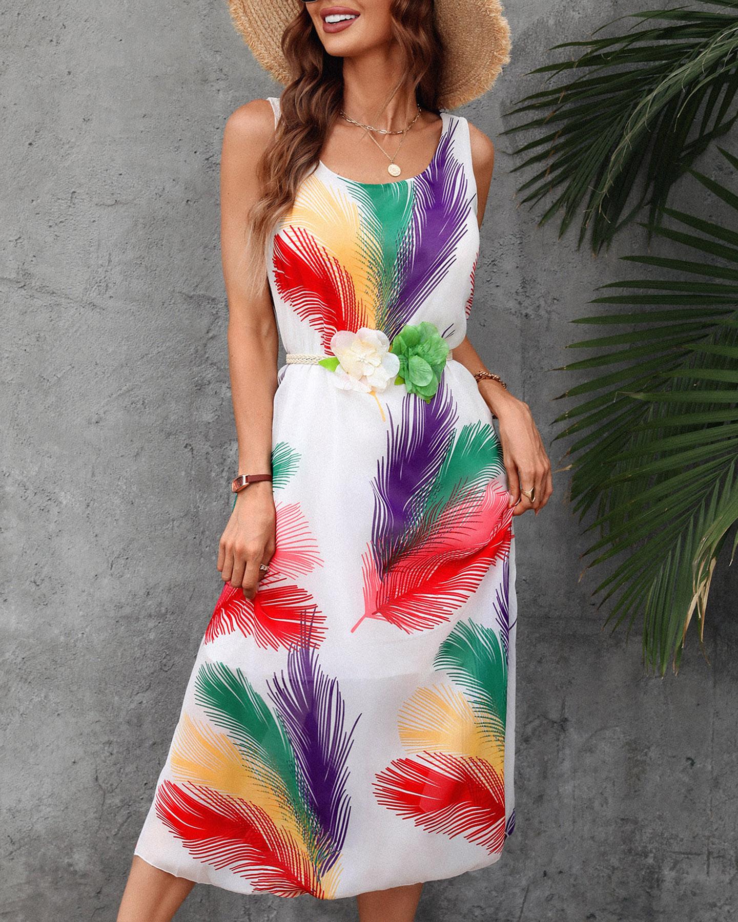 

Feather Print Sleeveless Casual Dress, Style1