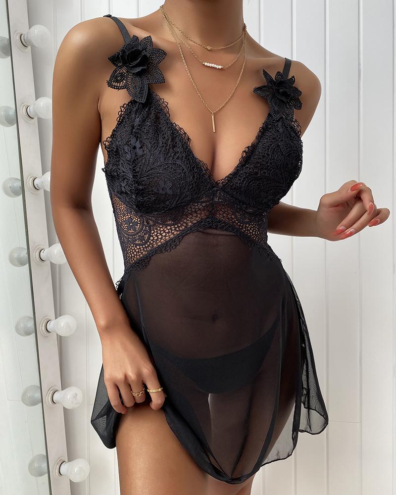 

Guipure Lace Hollow Out Backless Babydoll, Black
