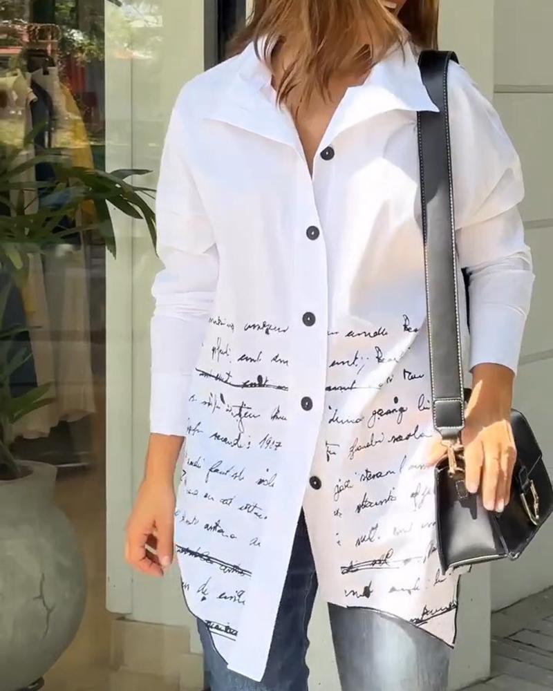

Letter Print Buttoned Asymmetrical Hem Shirt, White