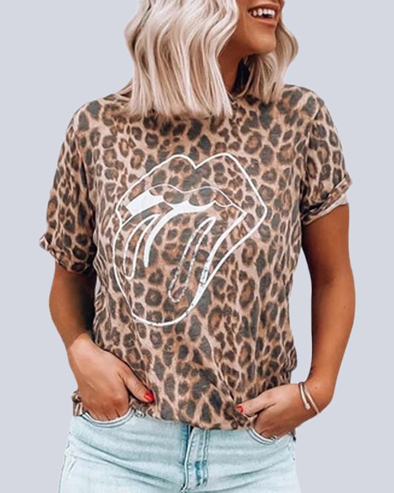 

Leopard Lip Print Casual T-Shirt, Brown