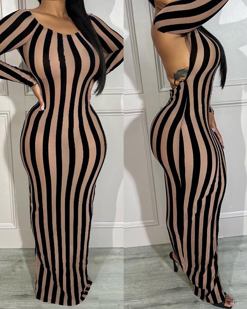 

Striped Backless Slit Maxi Dress, Brown