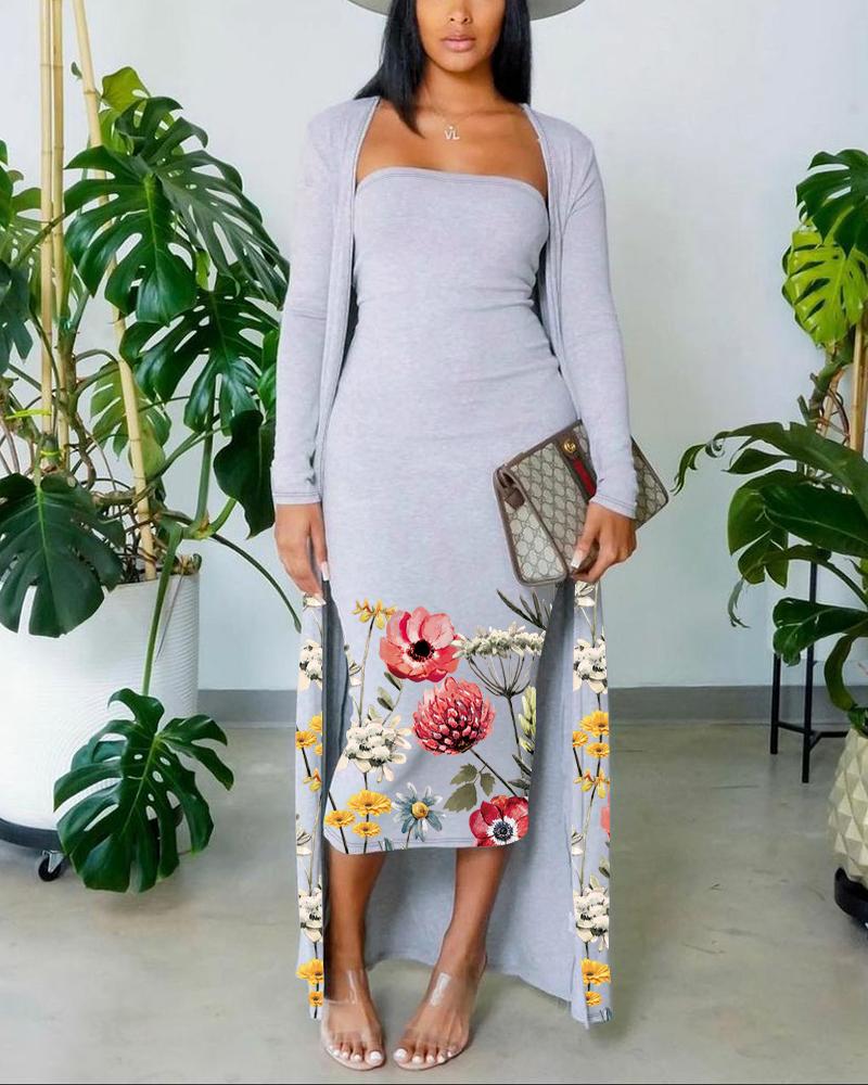 

Floral Print Bodycon Tube Dress With Longline Coat, Gray