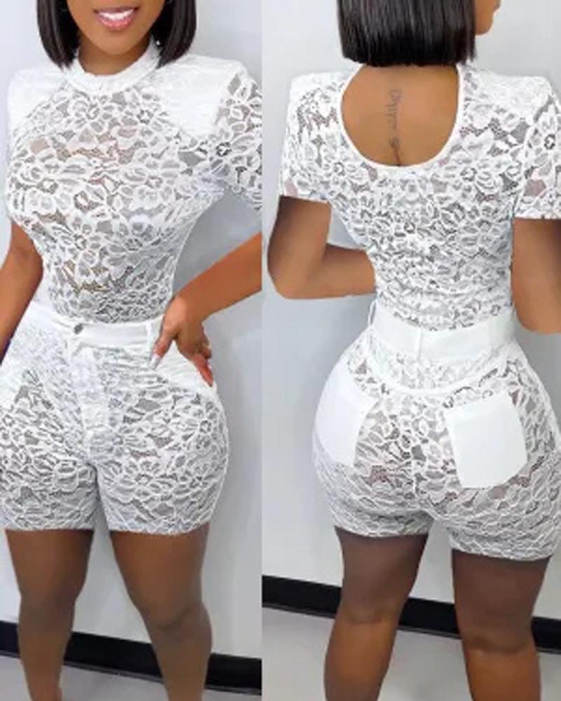 

Short Sleeve Lace Top & Pocket Design Shorts Set, White