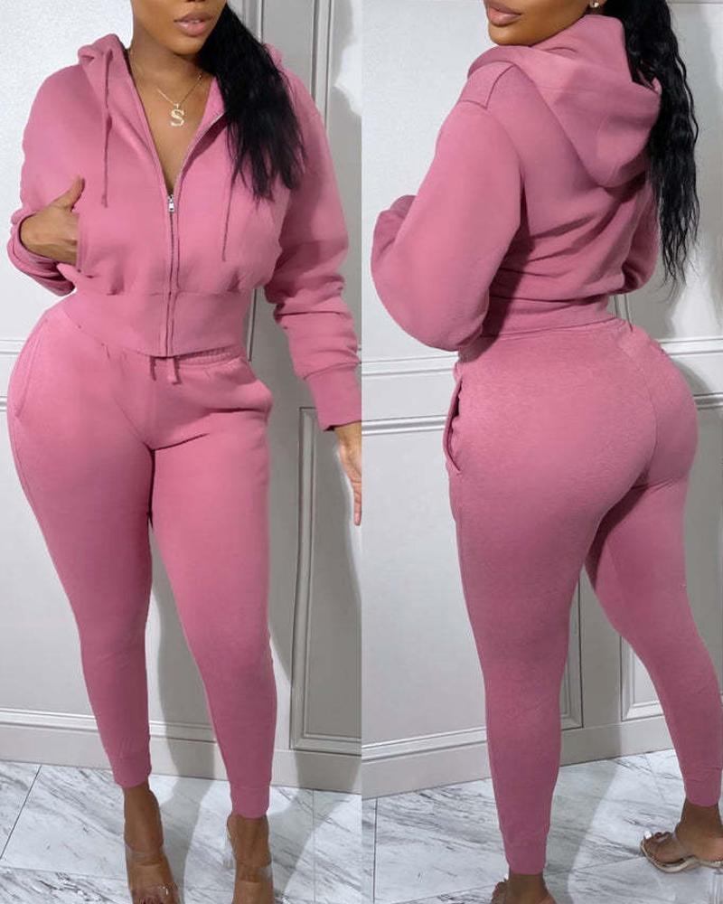 

Long Sleeve Hooded Zip Up Top & Drawstring Pants Set, Pink
