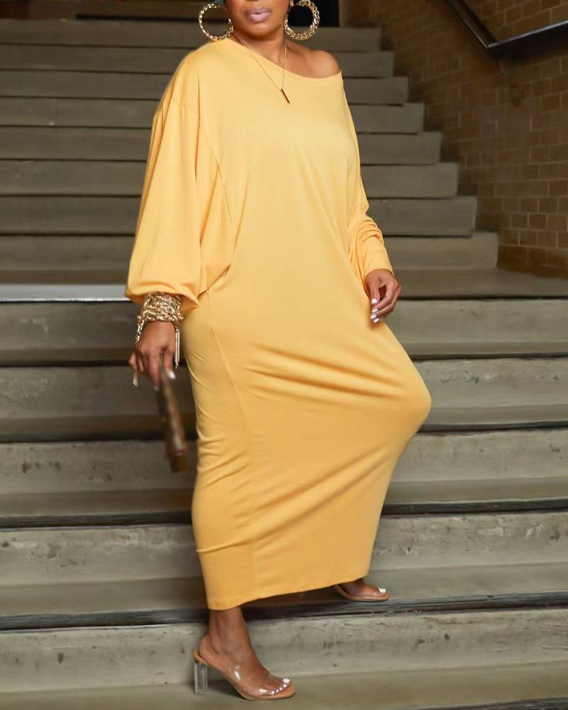 

Plus Size Plain Batwing Sleeve Casual Dress, Yellow