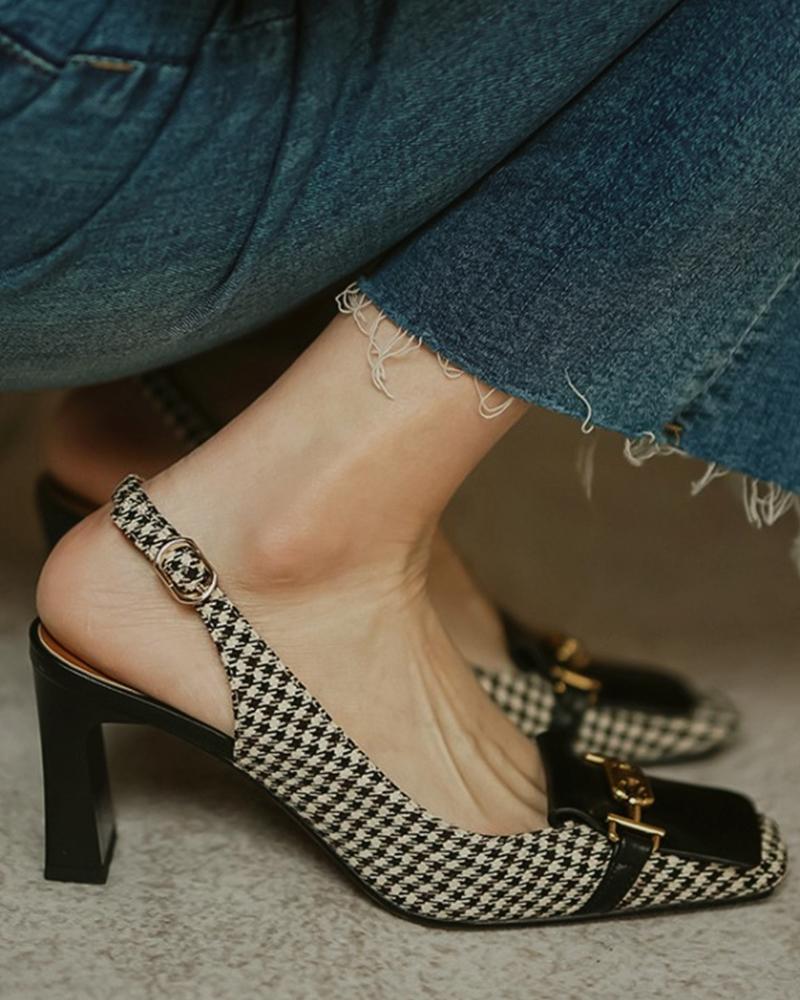 

Square-toe Houndstooth Print Splicing Buckle PU Leather High Heels, Black
