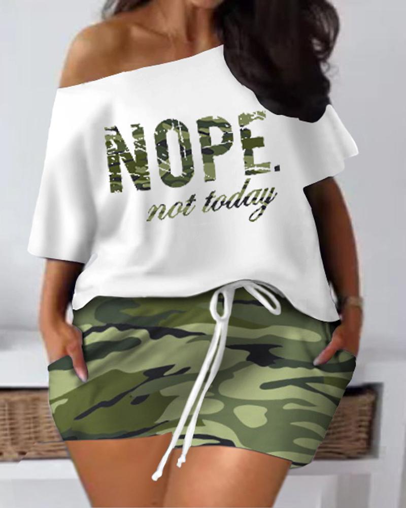 

Plus Size Nope Not Today Camouflage Print Top & Shorts Set, Green
