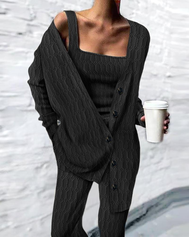 

Cable Textured Tank Top & Pants Set With Cardigan, Black
