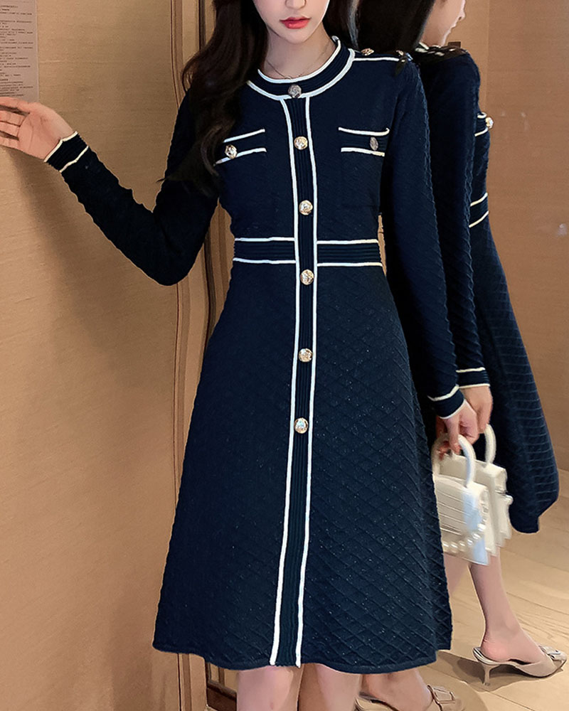 

Contrast Binding Argyle Knit Long Sleeve Tweed Dress, Dark blue