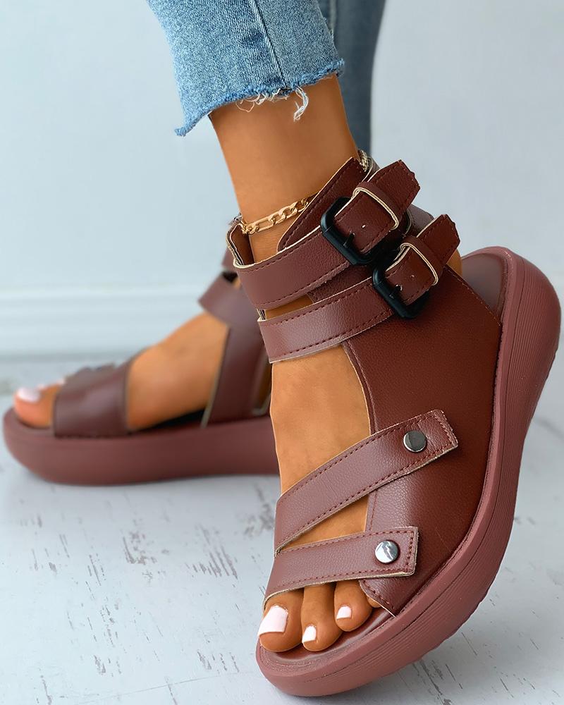 

Double Strap Ankle Buckled Flat Sandals, Brown