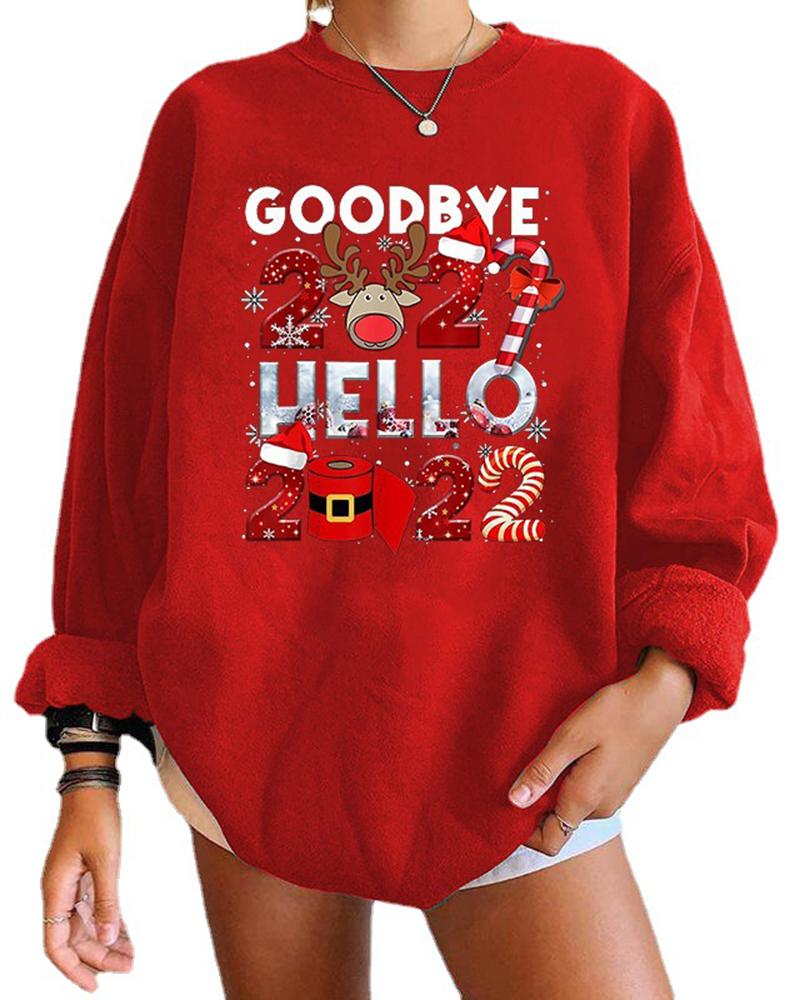 

Christmas Figure Letter Print Long Sleeve Sweatshirt, Red