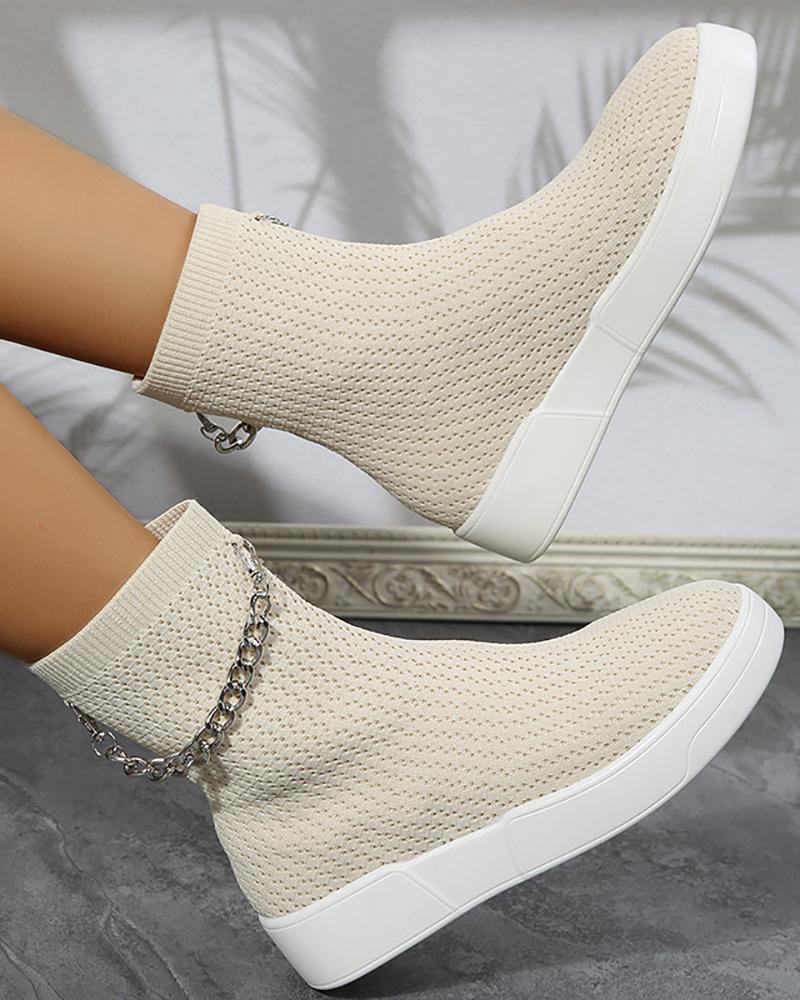 

Chain Decor Knit Casual Boots, Beige