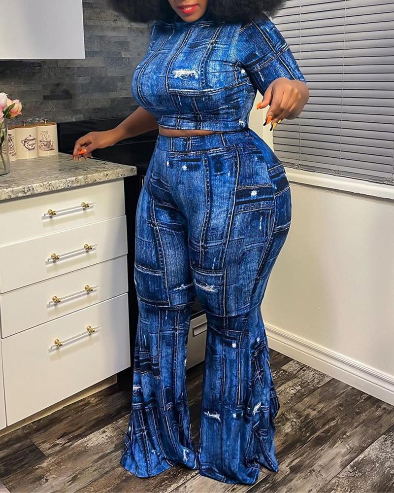 

Plus Size Denim Look Print Crop Top & Flared Leg Pants Set, Blue