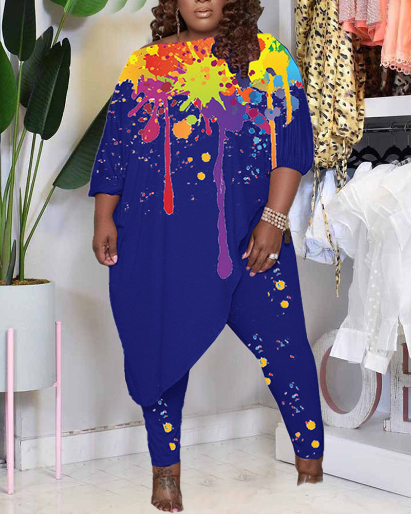 

Plus Size Ink Splash Print Asymmetrical Top & Pants Set, Blue