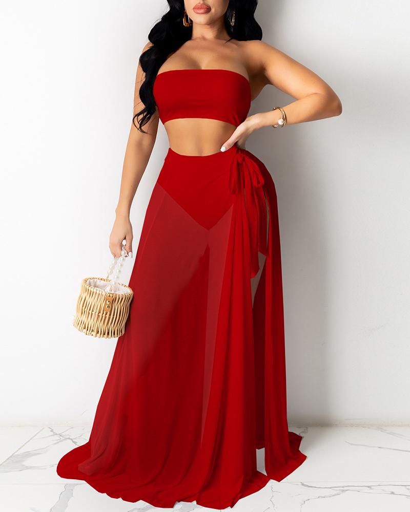 

Bandeau Plain Bikini Set With High Slit Mesh Cover Up Set, Red