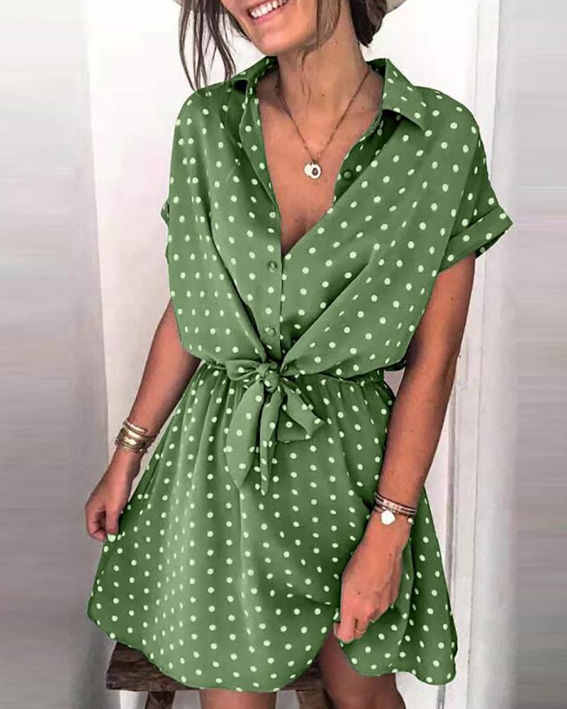 

Polkadot Print Short Sleeve Casual Dress, Green