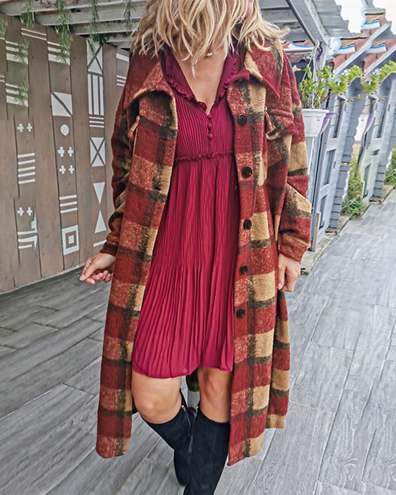 

Plaid Print Button Pocket Design Longline Shacket, Red