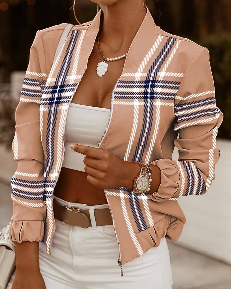 

Plaid Print Zipper Design Long Sleeve Baseball Jacket, Khaki