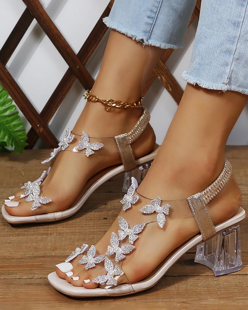 

Clear Strap Rhinestone Butterfly Pattern Chunky Heels, Gold