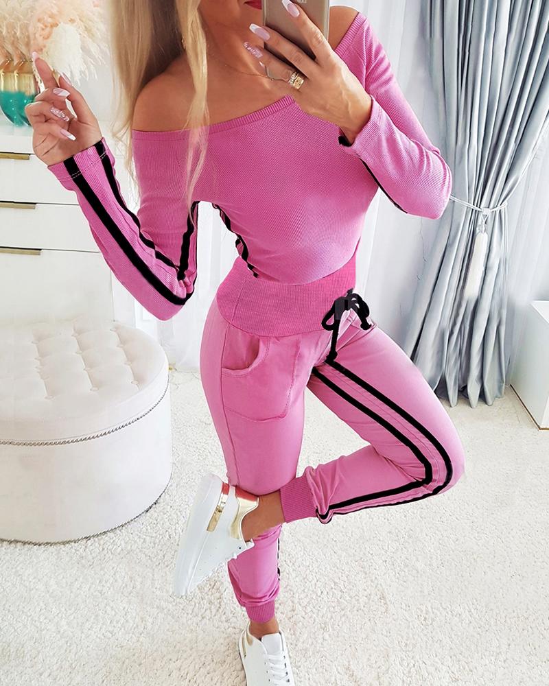 

Striped Off Shoulder Top & Drawstring Pants Set, Pink