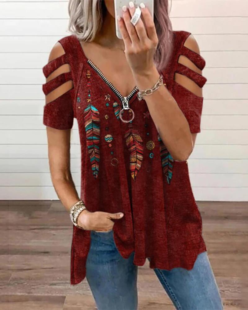 

Waffle Knit Feather Print Zipper Design Cutout T-shirt, Wine red