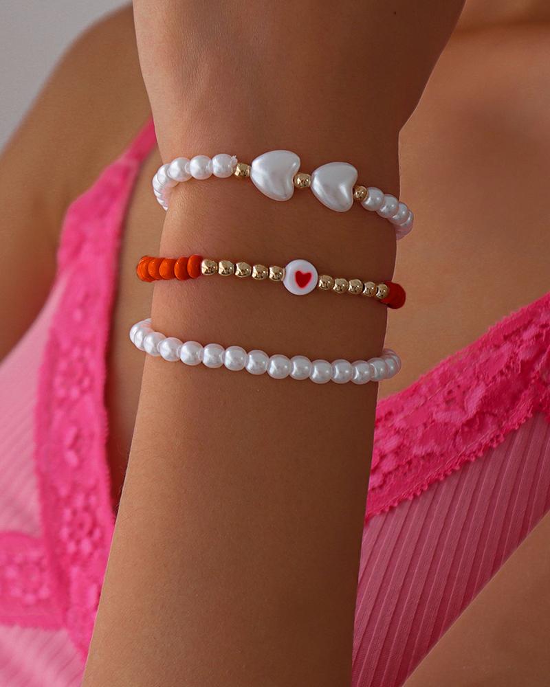 

3PCS Heart Pearls Beaded Bracelet Set, Red