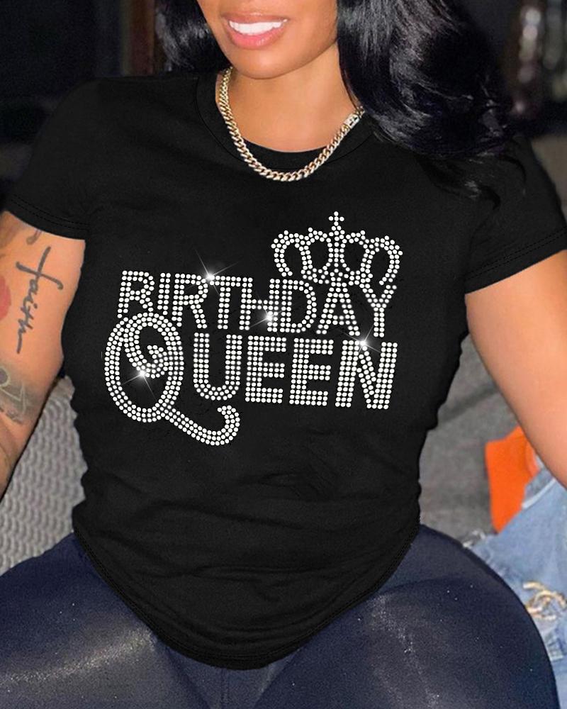 

Plus Size Birthday Queen Rhinestone Casual T-shirt, Black