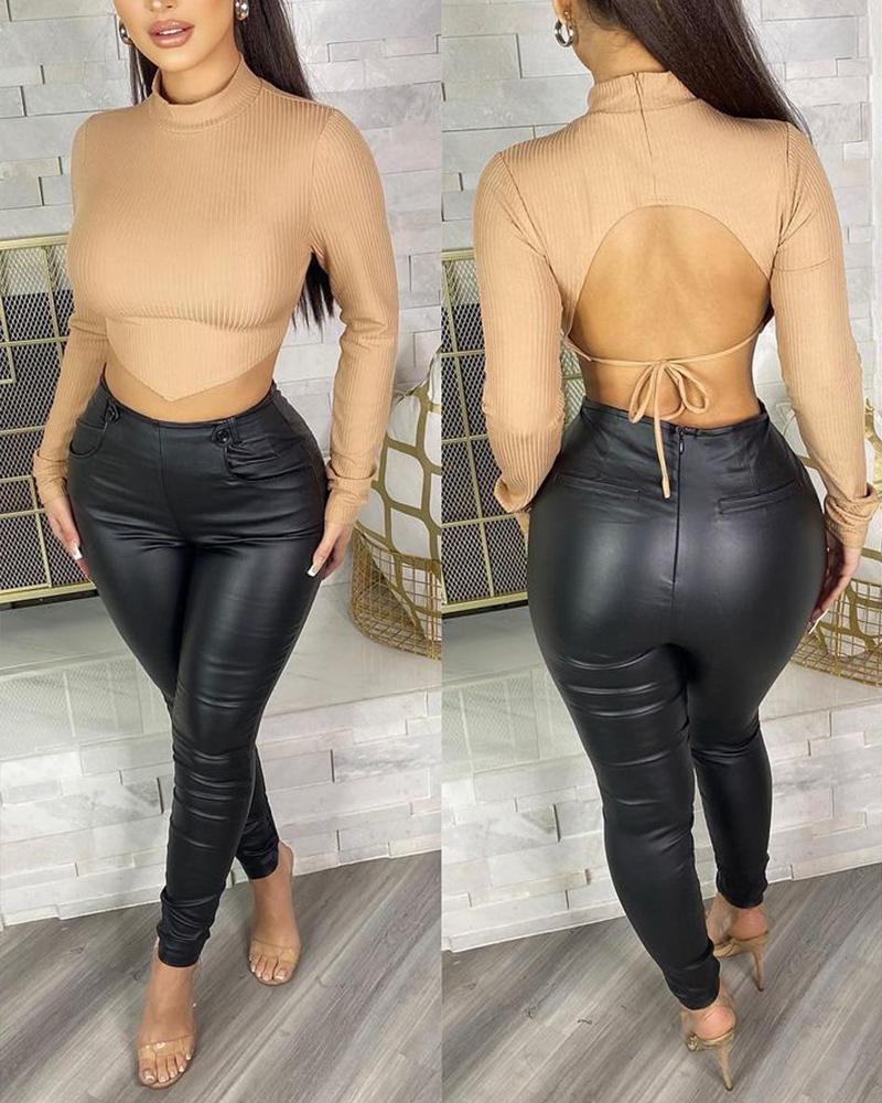 Buy Long Sleeve Backless Hanky Hem Crop Ribbed Top. Picture