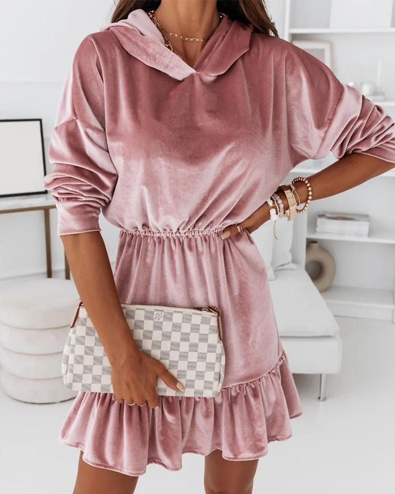 

Velvet Ruffle Hem Drop Shoulder Hooded Dress, Pink