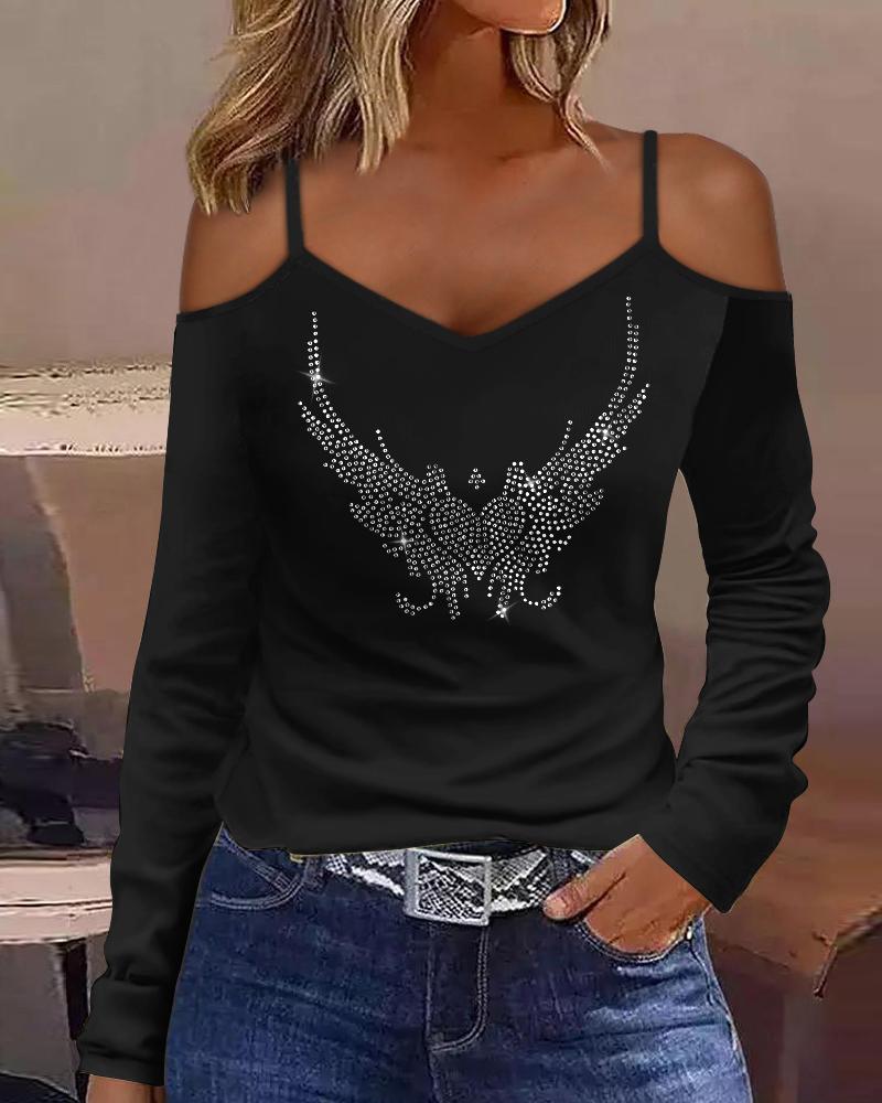 

Rhinestone Graphic Pattern Cold Shoulder Top, Black