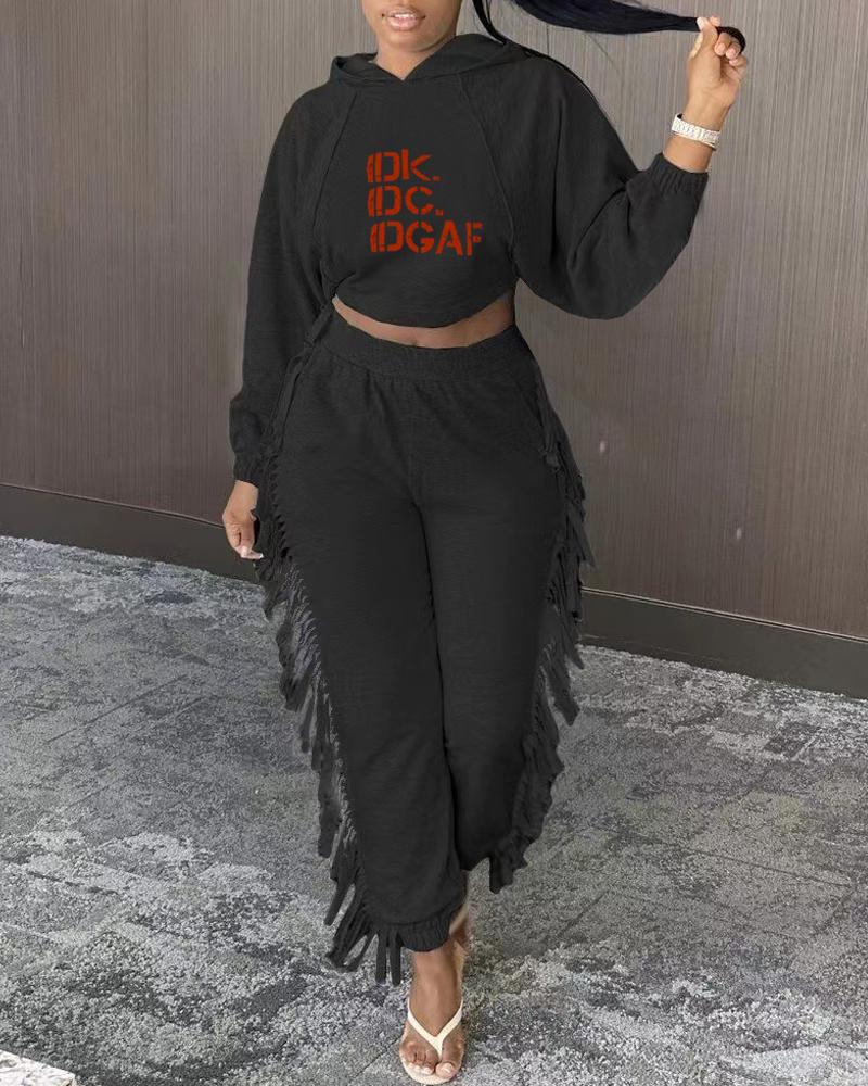 

Letter Print Long Sleeve Hoodie & Fringe Trim Pants Set, Black