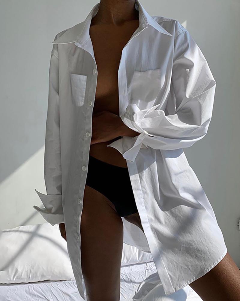 

Plain Lantern Sleeve Button Pocket Design Shirt, White