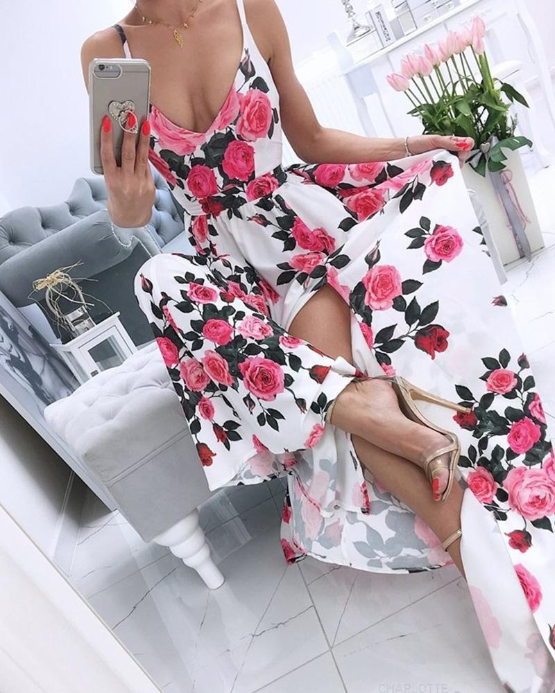 

Scarf Cheetah / Floral Print Slit Maxi Dress, Pink